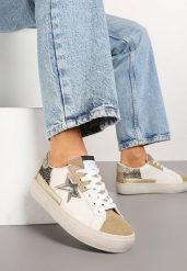 Ciemnobeżowe Sneakersy na Niskiej Platformie z Brokatowymi Zdobieniami Felaven. Brązowe obuwie sportowe damskie Renee, z jeansu, bez zapięcia. Za 79.99 zł.