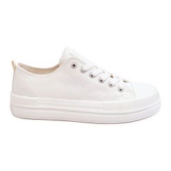 Niskie Sznurowane Tenisówki Big Star LL274968 Białe. Białe trampki damskie bez wzorów, z materiału, bez zapięcia. Za 221.62 zł.