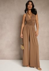 Brązowy Kombinezon Wiązany na Szyi z Szerokimi Nogawkami Gelzedi. Brązowe sukienki damskie Renee, bez wzorów, eleganckie, bez ramiączek. Za 189.99 zł.