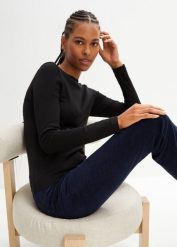 Bluzka z długim rękawem z czystej bawełny organicznej. Białe bluzki damskie bonprix, bez wzorów, z bawełny, bez kołnierzyka, bez ramiączek. Za 42.99 zł.