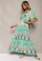 Zielona Boho Sukienka z Wiskozy z Ozdobnymi Guzikami i Cienkim Paskiem w Talii Dimosia. Zielone sukienki damskie Renee, bez wzorów, z wiskozy, boho, bez ramiączek. W wyprzedaży za 91.99 zł.