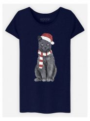 WOOOP Koszulka "Xmas Cat" w kolorze granatowym rozmiar: M. Niebieskie koszulki damskie Wooop, m, bez wzorów, z bawełny, bez kołnierzyka, bez ramiączek. Za 56.99 zł.