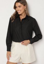Czarna Bawełniana Koszula w Klasycznym Stylu Naliarae. Czarne koszule damskie Born2be, l, bez wzorów, z bawełny, eleganckie, bez kołnierzyka, bez ramiączek. Za 109.99 zł.