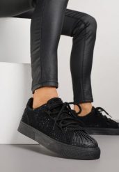 Czarne Cyrkoniowe Sneakersy Zdobione Marszczeniem na Nosku Westafera. Czarne obuwie sportowe damskie Renee, bez zapięcia. Za 109.99 zł.