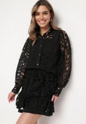 Czarny Komplet Koszula i Spódniczka Mini z Ozdobną Koronką Nastia. Czarne koszule damskie Born2be, s, w ażurowe wzory, z koronki, eleganckie, bez kołnierzyka, bez ramiączek. Za 99.99 zł.