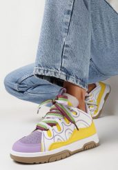 Żółto-Fioletowe Sneakersy z Ozdobnym Sznurowaniem i Brokatem Nevesa. Żółte obuwie sportowe damskie Born2be, bez zapięcia. Za 119.99 zł.