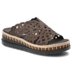 Klapki damskie Rieker, cholewka ze skóry ekologicznej ozdobne dżety fason na solidnej podeszwie, brązowe, V7992-24. Brązowe klapki damskie Rieker, bez wzorów, ze skóry ekologicznej, bez obcasa, na koturnie, bez zapięcia. Za 319.00 zł.