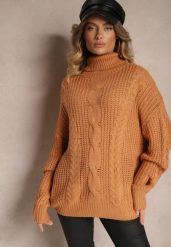 Brązowy Golf z Wiskozą w Stylu Oversize z Ozdobnym Splotem Korremi. Brązowe golfy damskie Renee, m, bez wzorów, z wiskozy, bez ramiączek. Za 79.99 zł.