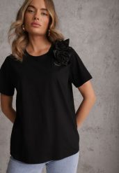 Czarny Bawełniany T-shirt o Klasycznym Kroju z Kwiatowymi Aplikacjami 3D Morgane. Czarne t-shirty damskie Renee, l, z aplikacjami, z bawełny, bez kołnierzyka. Za 59.99 zł.