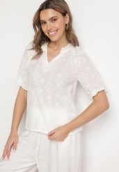 Biała Bawełniana Bluzka z Haftowanej Tkaniny Ziavelle. Białe bluzki damskie Born2be, m, bez wzorów, z bawełny, eleganckie, bez kołnierzyka, bez ramiączek. Za 59.99 zł.