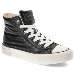 Czarne Trampki Tommy Hilfiger Modne Pikowane Buty Damskie. Czarne trampki damskie Tommy Hilfiger, z aplikacjami, ze skóry ekologicznej, bez zapięcia. Za 319.00 zł.