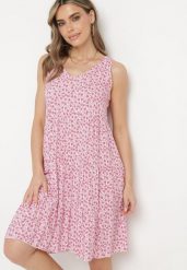 Różowa Bawełniana Sukienka w Kwiaty z Falbanką Rissafa. Czerwone sukienki damskie Born2be, bez wzorów, z bawełny, bez ramiączek. Za 59.99 zł.