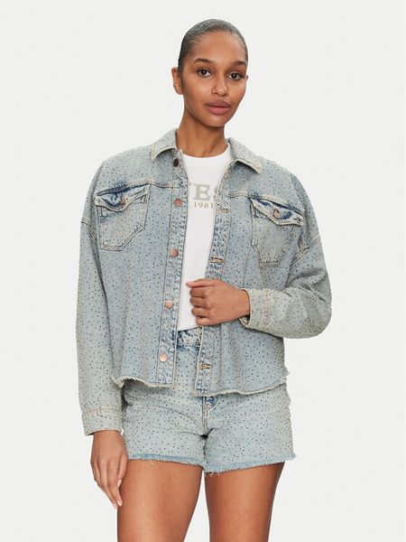 Guess Kurtka jeansowa W5GN90 D5LQ2 Niebieski Regular Fit. Niebieskie kurtki damskie Guess, xxl, z aplikacjami, z bawełny, bez kaptura. Za 439.99 zł.