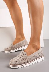 Beżowe Ażurowe Mokasyny Casual z Wkładką ze Skóry Naturalnej Marra. Brązowe mokasyny damskie Renee, ze skóry, bez obcasa. Za 69.99 zł.