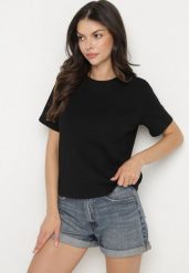 Czarny Bawełniany T-shirt z Grubszej Bawełny Tiariane. Czarne t-shirty damskie Born2be, m, bez wzorów, z bawełny, bez kołnierzyka. Za 49.99 zł.