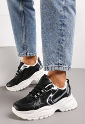 Czarne Sneakersy z Przeszyciami i Wstawkami z Metalicznej Ekoskóry Tineal. Czarne obuwie sportowe damskie Renee, bez zapięcia. Za 99.99 zł.