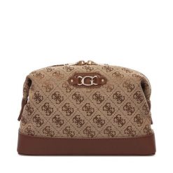 Kosmetyczka Guess. Brązowe kosmetyczki damskie Guess, z aplikacjami, z materiału. Za 264.99 zł.