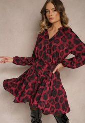 Bordowa Sukienka w Panterkowy Print o Rozkloszowanym Kroju z Wiązaniem w Talii Ameriana. Czerwone sukienki damskie Renee, bez wzorów, eleganckie, bez ramiączek. W wyprzedaży za 99.99 zł.