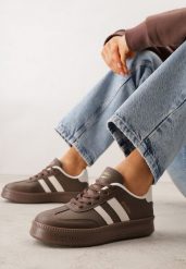 Brązowe Sneakersy Sportowe VICES z Ozdobnymi Paskami i Przeszyciami Wenilan. Brązowe obuwie sportowe casual damskie Renee, z jeansu, bez zapięcia. Za 89.99 zł.