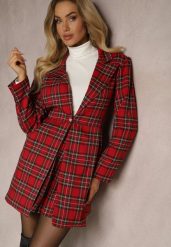 Czerwona Rozkloszowana Marynarka w Kartkę Zapinana na Ozdobny Guzik Delathria. Czerwone marynarki i żakiety damskie Renee, l, bez wzorów, eleganckie. Za 169.99 zł.