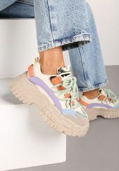Ciemnobeżowe Sneakersy na Grubej Tłoczonej Podeszwie z Podwójnym Sznurowaniem Asintelina. Brązowe obuwie sportowe damskie Born2be, z jeansu, bez zapięcia. Za 119.99 zł.