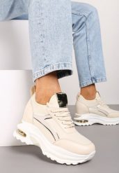 Beżowe Sneakersy na Koturnie Ozdobione Metalicznym Wykończeniem Vliraya. Brązowe obuwie sportowe damskie Renee, na lato, z jeansu, bez zapięcia. Za 129.99 zł.