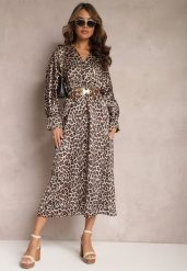 Beżowo-Brązowa Sukienka w Panterkę z Kopertowym Dekoltem Balme. Brązowe sukienki damskie Renee, z aplikacjami, eleganckie, bez ramiączek. W wyprzedaży za 99.99 zł.