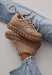 Ciemnobeżowe Sneakersy Vices na Grubej Podeszwie z Geometryczną Aplikacją Leanae. Brązowe obuwie sportowe damskie Born2be, z jeansu, bez zapięcia. Za 84.99 zł.