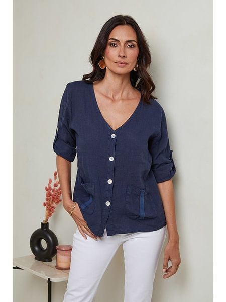 Le Monde du Lin Lniana bluzka w kolorze granatowym rozmiar: 38/40. Niebieskie bluzki damskie Le Monde du Lin, bez wzorów, ze lnu, klasyczne, bez kołnierzyka, bez ramiączek. Za 176.08 zł.