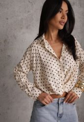Beżowa Koszula w Groszki z Wiskozy Zdobiona Węzłem Aetherissa. Brązowe koszule damskie Renee, l, z aplikacjami, z materiału, casualowe, bez kołnierzyka, bez ramiączek. Za 109.99 zł.