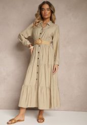 Beżowa Wiskozowa Sukienka o Koszulowym Kroju z Paskiem z Klamrą Feluriela. Brązowe sukienki damskie Renee, bez wzorów, z wiskozy, eleganckie, bez ramiączek. W wyprzedaży za 75.99 zł.