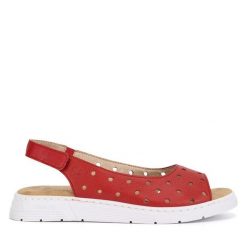 Sandały Rieker. Czerwone sandały damskie Rieker, bez wzorów, bez obcasa, na płaskiej podeszwie, bez zapięcia. Za 259.99 zł.