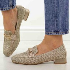 Beżowe półbuty damskie, mokasyny M.Daszyński Sa268-6. Brązowe mokasyny damskie M.Daszyński, na jesień, z jeansu, bez obcasa. Za 199.00 zł.