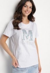 Jasnoszary T-shirt z Bawełny Ozdobiony Napisem i Cyrkoniami Olireth. Szare t-shirty damskie Born2be, l, bez wzorów, z bawełny, bez kołnierzyka. Za 34.99 zł.