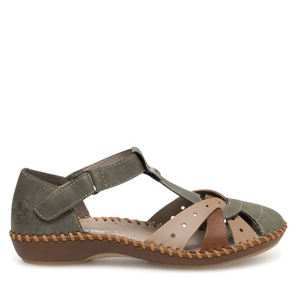 Sandały Rieker. Zielone sandały damskie Rieker, bez wzorów, bez obcasa, na płaskiej podeszwie, bez zapięcia. Za 259.99 zł.