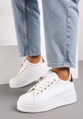 Biało-Złote Sportowe Sneakersy z Aplikacją w Kształcie Owada i Cyrkoniami Renice. Białe obuwie sportowe casual damskie Renee, z jeansu. Za 79.99 zł.