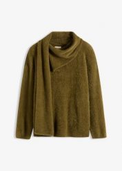 Sweter oversize z szalem. Zielone swetry klasyczne damskie bonprix, bez kołnierzyka. Za 114.99 zł.