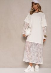 Biała Sukienka o Kroju Typu T-shirt z Koronkowymi Rękawami i Dołem Janiscia. Białe sukienki damskie Renee, bez wzorów, z jeansu, eleganckie, bez ramiączek. W wyprzedaży za 75.99 zł.