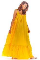 Żółta Luźna Maxi Sukienka na Lato. Żółte sukienki damskie Awama, bez wzorów, z materiału, bez ramiączek. Za 269.90 zł.