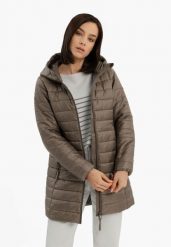 Lekki pikowany płaszcz J-SALAMA. Brązowe płaszcze damskie Volcano, na jesień, plus size, bez wzorów, z materiału, z kapturem. Za 299.99 zł.