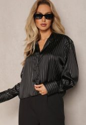 Czarna Koszula o Fasonie Oversize z Metaliczną Nicią Venatti. Czarne koszule damskie Renee, l, bez wzorów, bez kołnierzyka, bez ramiączek. Za 109.99 zł.
