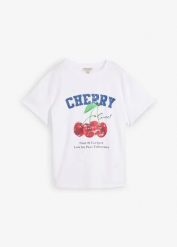T-shirt z nadrukiem z czystej bawełny organicznej. Białe t-shirty damskie bonprix, bez wzorów, z bawełny, bez kołnierzyka. Za 39.99 zł.