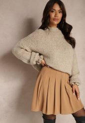 Beżowa Spódnica z Wiskozą o Rozkloszowanym Kroju z Plisami i Gumką w Pasie w Stylu Preppy Iliola. Brązowe spódnice damskie Renee, na co dzień, l, bez wzorów, z wiskozy, eleganckie, mini. Za 79.99 zł.