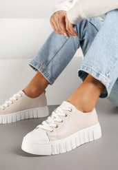 Beżowe Płaskie Sneakersy Vices ze Sznurowaniem Lorori. Brązowe obuwie sportowe damskie Renee, na lato, z jeansu, bez zapięcia. Za 89.99 zł.