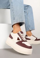 Beżowo-Bordowe Sneakersy na Platformie z Tłoczeniem Halinea. Brązowe obuwie sportowe damskie Renee, z jeansu, bez zapięcia. Za 89.99 zł.