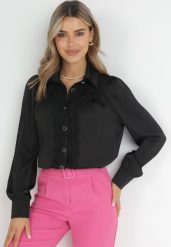 Czarna Koszula z Kołnierzem i Wstawkami z Koronki Thaffi. Czarne koszule damskie Born2be, m, bez wzorów, z koronki, eleganckie, bez kołnierzyka, bez ramiączek. Za 79.99 zł.