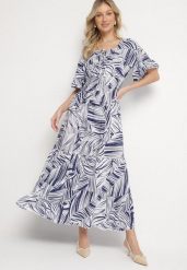 Granatowa Bawełniana Sukienka Rozkloszowana w Liście Alaniva. Niebieskie sukienki damskie Born2be, bez wzorów, z bawełny, eleganckie, bez ramiączek. Za 69.99 zł.