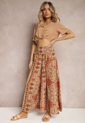 Beżowe Spodnie z Szerokimi Nogawkami Palazzo High Waist z Gumką w Talii Fiesa. Brązowe spodnie materiałowe damskie Renee, bez wzorów, z jeansu. Za 49.99 zł.