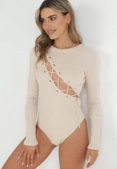 Beżowe Prążkowane Body z Gorsetowym Wiązaniem Dyllia. Brązowe body i gorsety Born2be, bez wzorów, z dzianiny. Za 129.99 zł.
