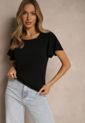 Czarna Bluzka z Rozkloszowanymi Rękawami Sunelva. Czarne bluzki damskie Renee, m, bez wzorów, z jeansu, eleganckie, bez kołnierzyka, bez ramiączek. Za 34.99 zł.